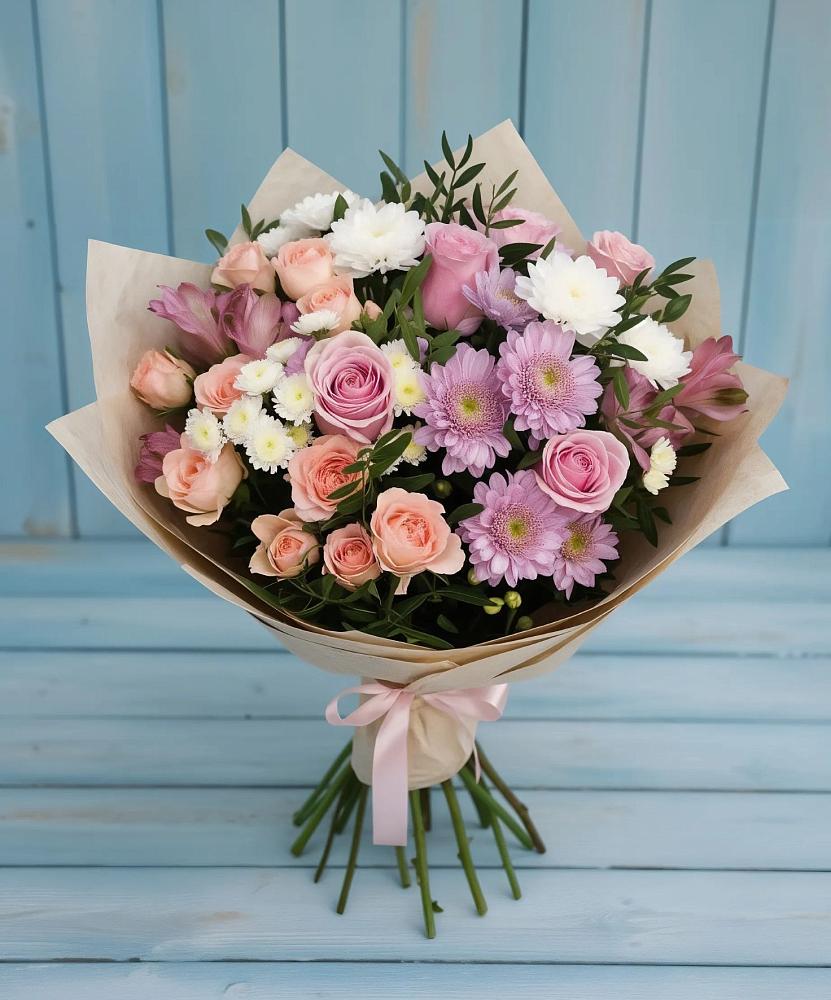 Букет цветов из: Хризантемы, Розы и Альстромерии в Нижних Ачалуках