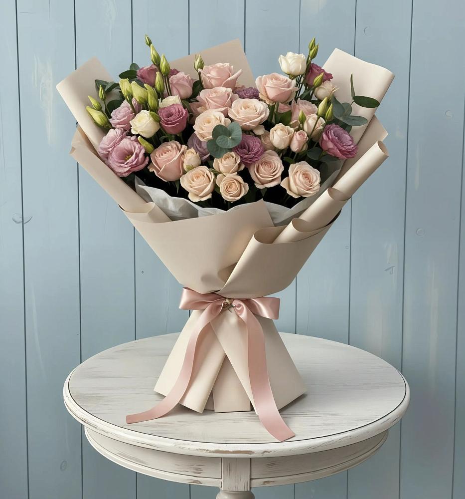 Букет цветов из: Розы и Лизиантусы в Нижних Ачалуках