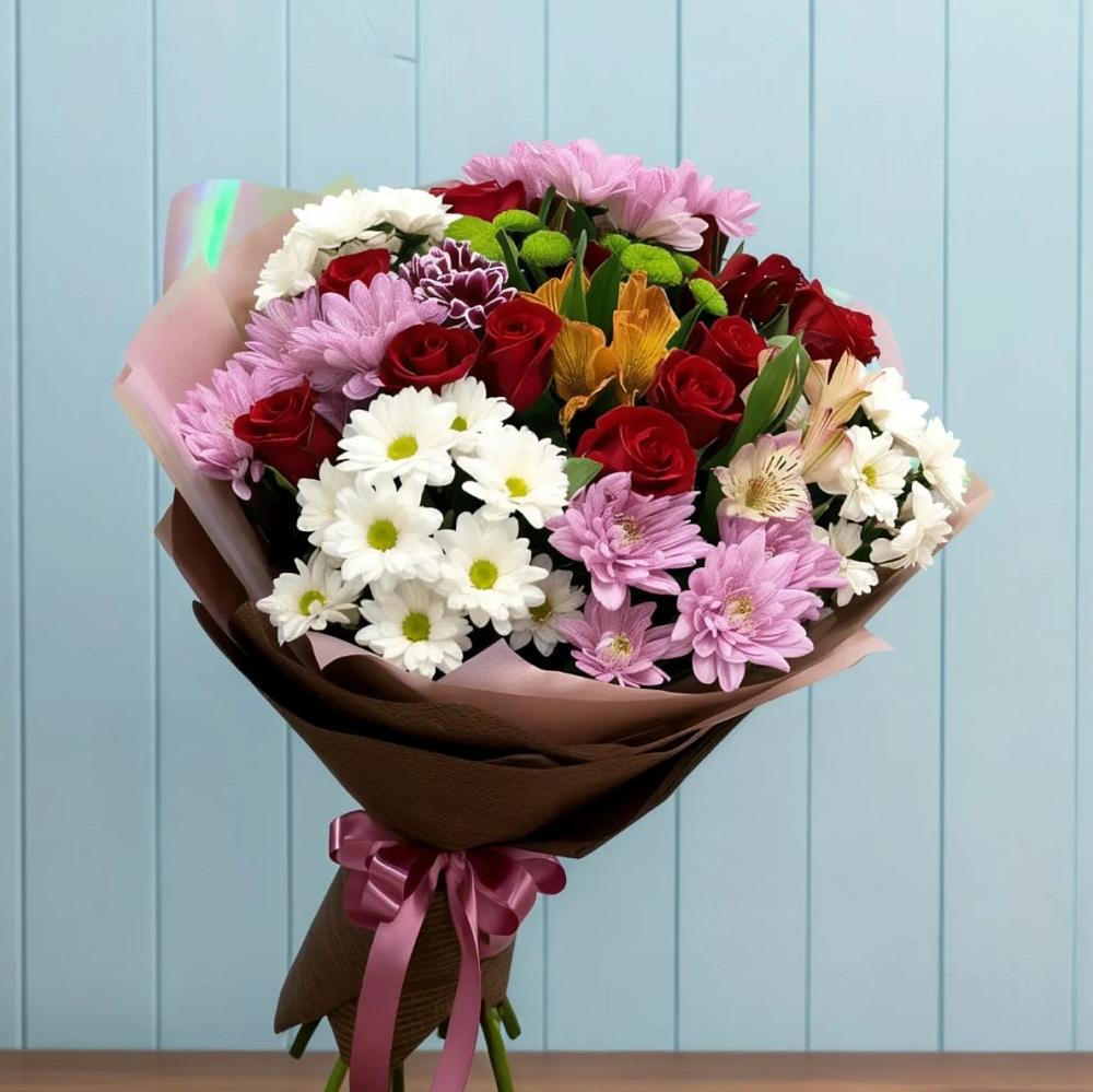 Букет цветов из: Розы, Хризантемы и Альстромерии в Нижних Ачалуках